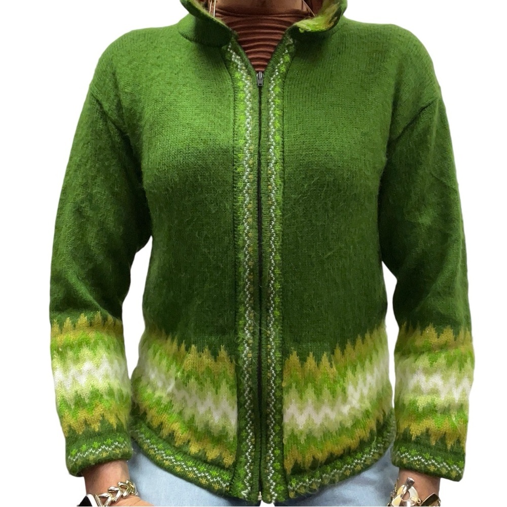 Ethno Vintage Green Peru Alpaca 100% Apalka Woven Grandpa Cozy Sweater Cardigan